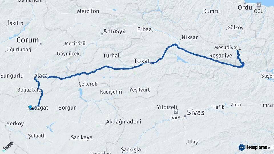 Yozgat Mesudiye Ordu Arası Kaç Km - Yol Haritası