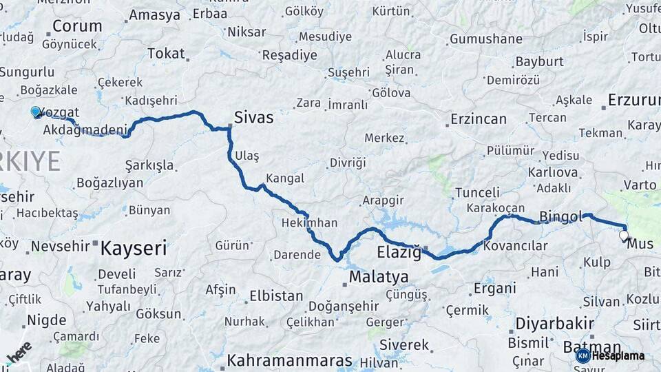Yozgat Muş Arası Kaç Km - Yol Haritası