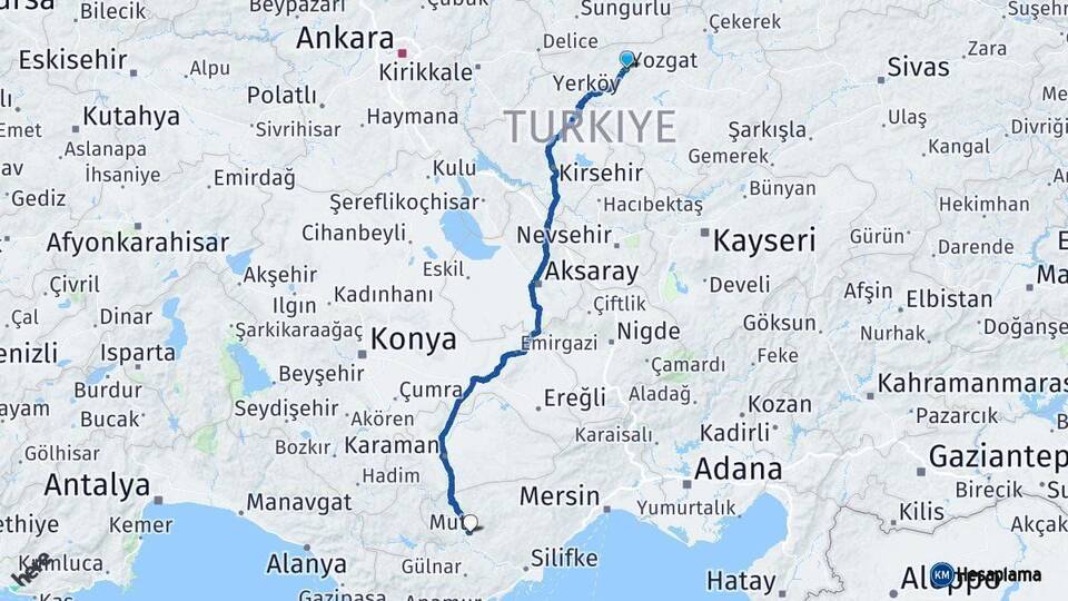 Yozgat Mut Mersin Arası Kaç Km - Yol Haritası