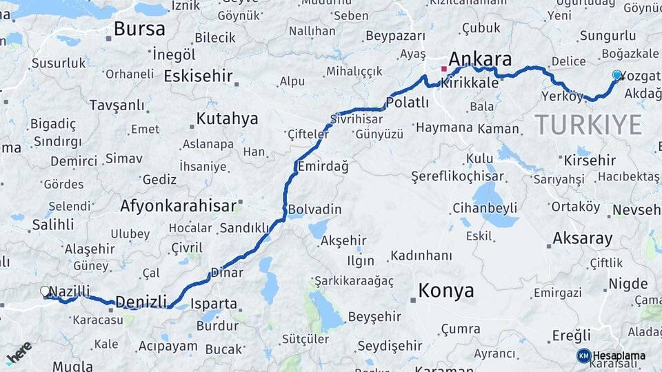 Yozgat Nazilli Aydın Arası Kaç Km - Yol Haritası