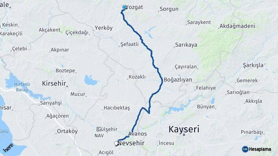 Yozgat Nevşehir Arası Kaç Km - Yol Haritası