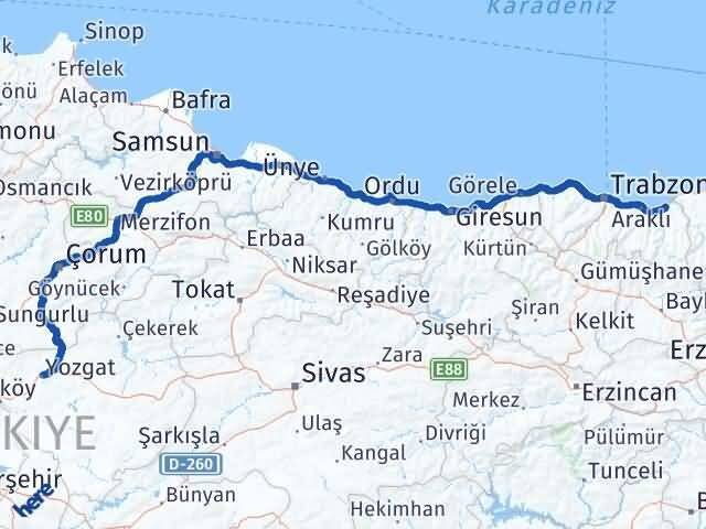 Yozgat Of Trabzon Arası Kaç Km - Yol Haritası