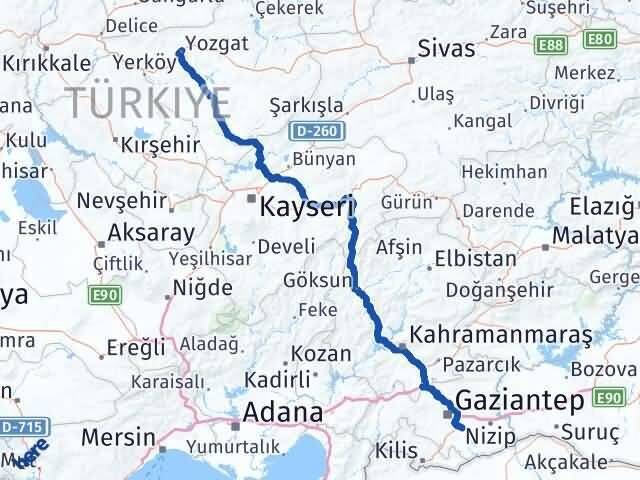 Yozgat Oğuzeli Gaziantep Arası Kaç Km - Yol Haritası