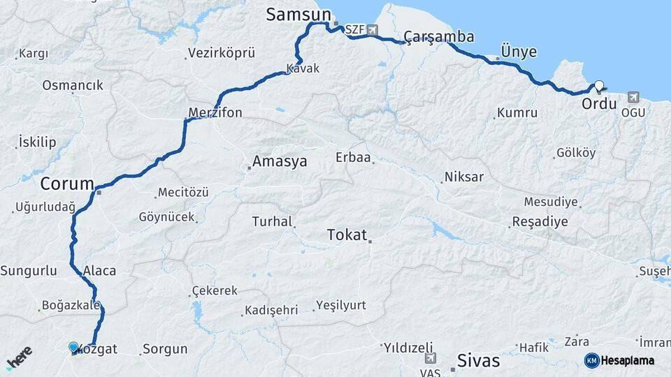 Yozgat Ordu Arası Kaç Km - Yol Haritası