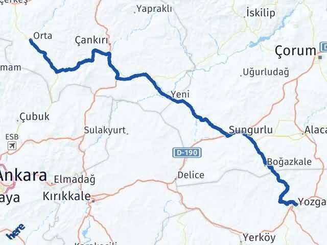 Yozgat Orta Çankırı Arası Kaç Km - Yol Haritası
