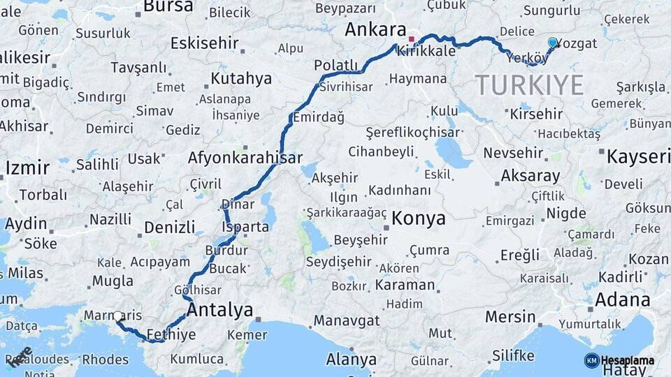 Yozgat Ortaca Muğla Arası Kaç Km - Yol Haritası