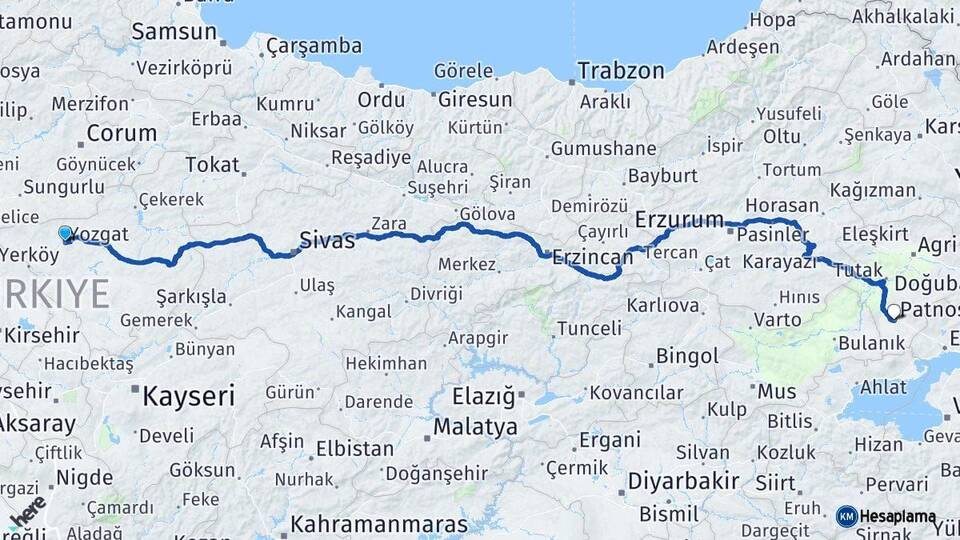Yozgat Patnos Ağrı Arası Kaç Km - Yol Haritası