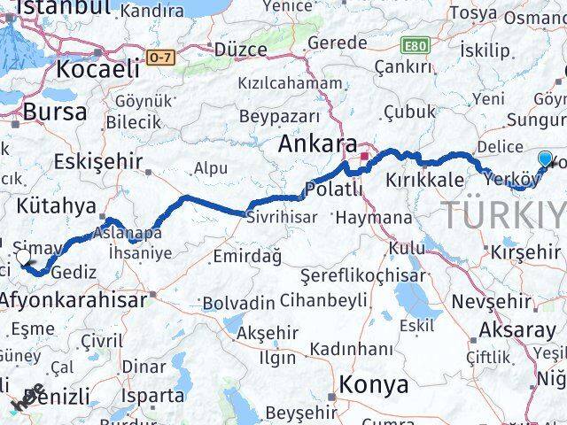 Yozgat Pazarlar Kütahya Arası Kaç Km - Yol Haritası