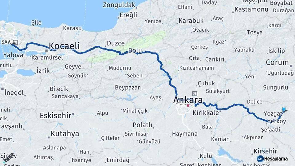 Yozgat Pendik İstanbul Arası Kaç Km - Yol Haritası