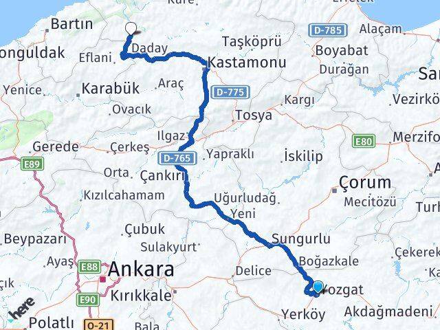 Yozgat Pınarbaşı Kastamonu Arası Kaç Km - Yol Haritası
