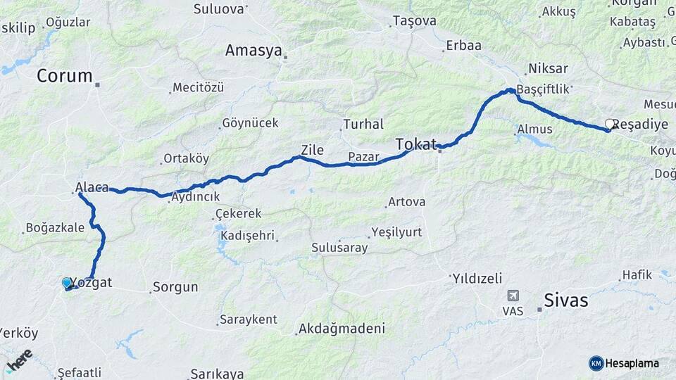Yozgat Reşadiye Tokat Arası Kaç Km - Yol Haritası