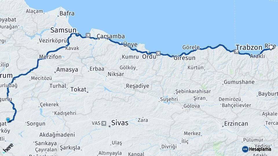 Yozgat Rize Arası Kaç Km - Yol Haritası