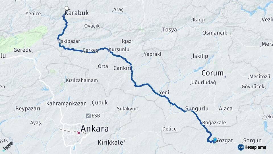 Yozgat Safranbolu Karabük Arası Kaç Km - Yol Haritası