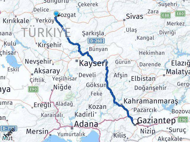 Yozgat Şahinbey Gaziantep Arası Kaç Km - Yol Haritası