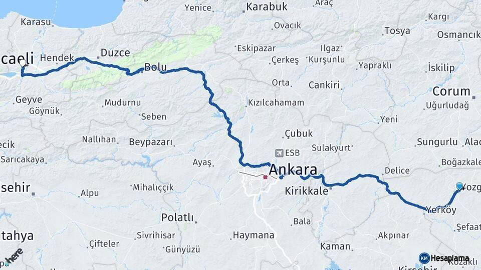 Yozgat Sakarya Arası Kaç Km - Yol Haritası