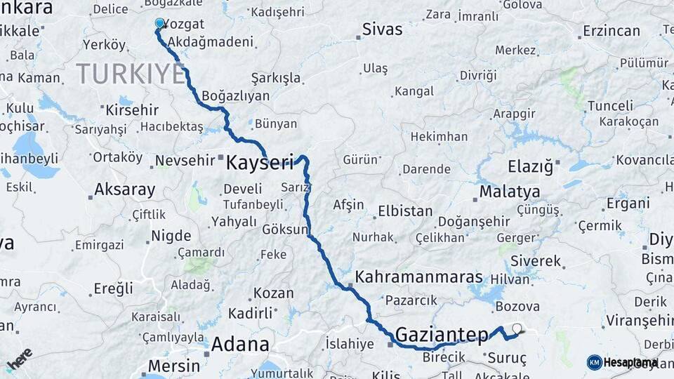 Yozgat Şanlıurfa Arası Kaç Km - Yol Haritası