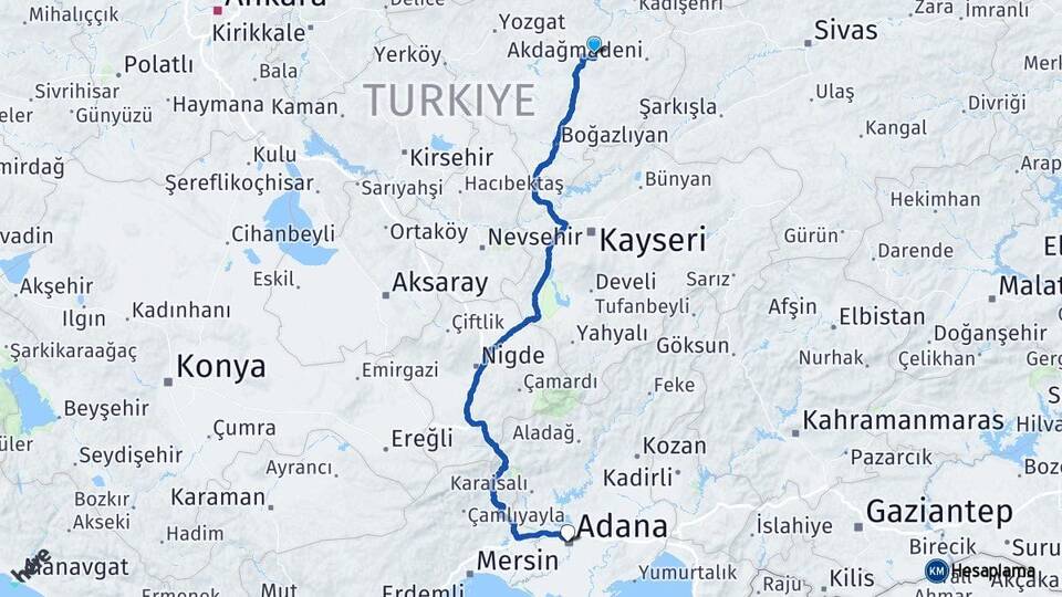 Yozgat Saraykent Adana Arası Kaç Km - Yol Haritası