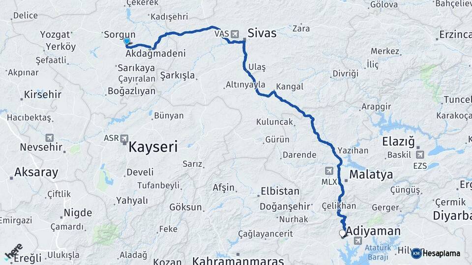 Yozgat Saraykent Adıyaman Arası Kaç Km - Yol Haritası