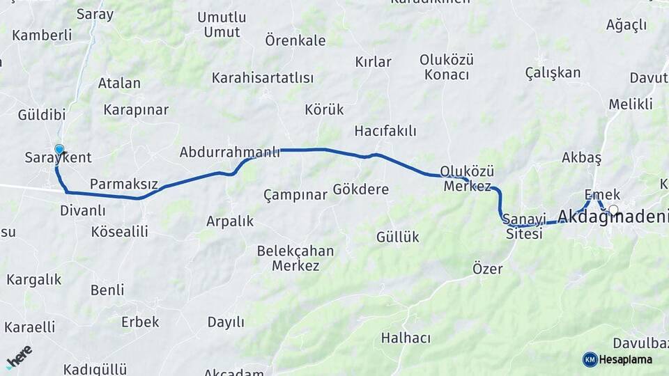 Yozgat Saraykent Akdağmadeni Arası Kaç Km - Yol Haritası
