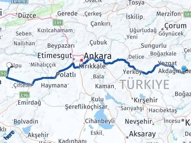 Yozgat Saraykent Alpu Eskişehir Arası Kaç Km - Yol Haritası