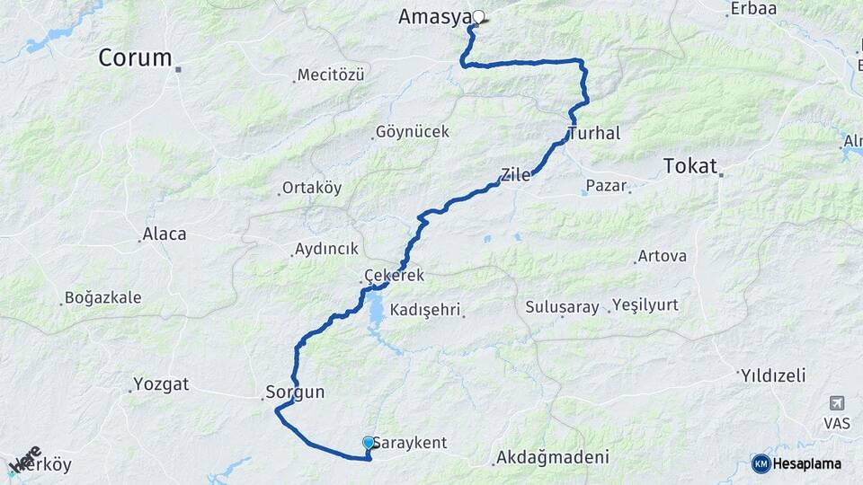 Yozgat Saraykent Amasya Arası Kaç Km - Yol Haritası