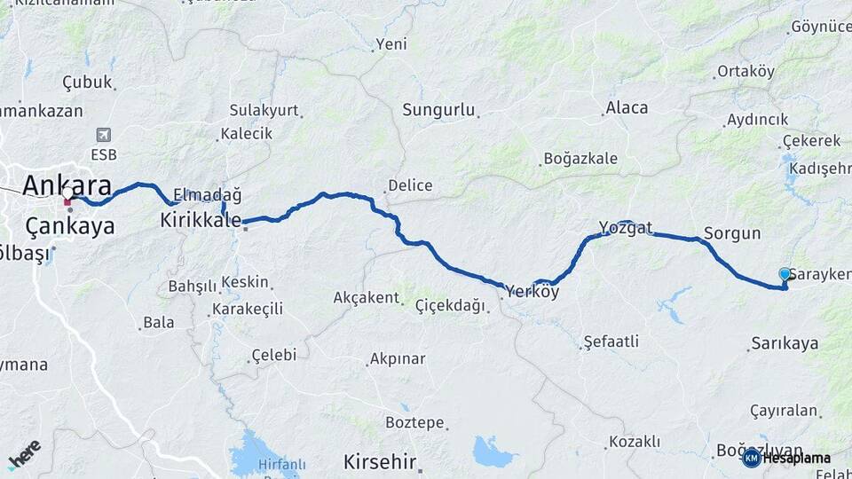 Yozgat Saraykent Ankara Arası Kaç Km - Yol Haritası