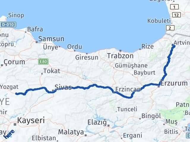 Yozgat Saraykent Artvin Arası Kaç Km - Yol Haritası