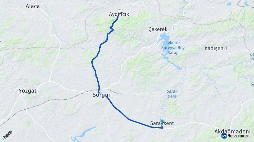 Yozgat Saraykent Aydıncık Arası Kaç Km - Yol Haritası