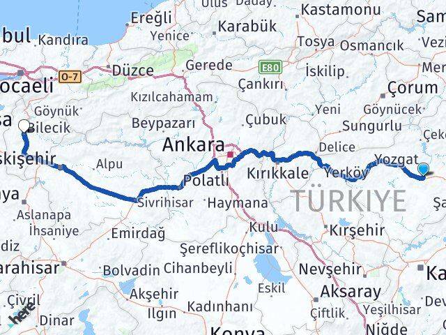 Yozgat Saraykent Bilecik Arası Kaç Km - Yol Haritası