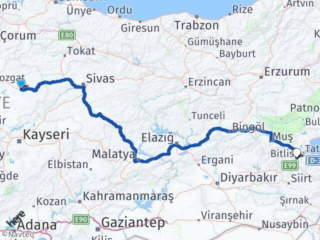 Yozgat Saraykent Bitlis Arası Kaç Km - Yol Haritası
