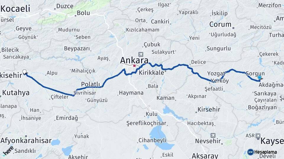 Yozgat Saraykent Eskişehir Arası Kaç Km - Yol Haritası