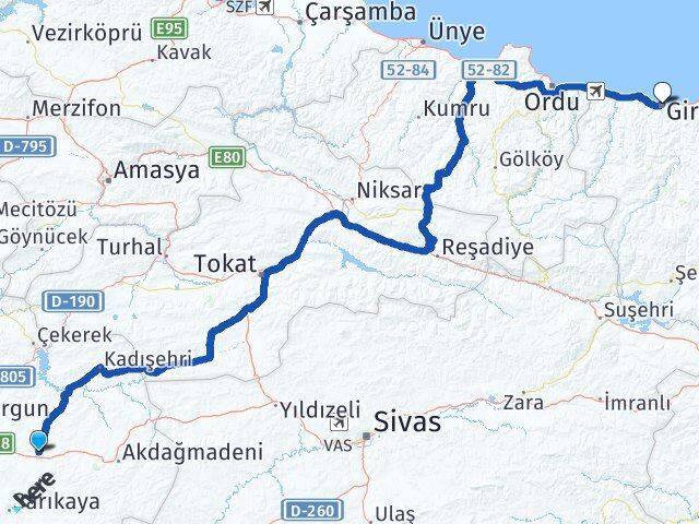 Yozgat Saraykent Giresun Arası Kaç Km - Yol Haritası