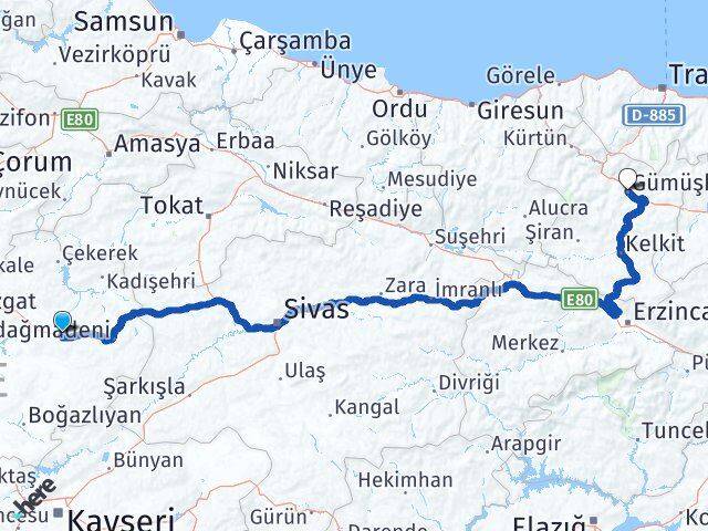 Yozgat Saraykent Gümüşhane Arası Kaç Km - Yol Haritası