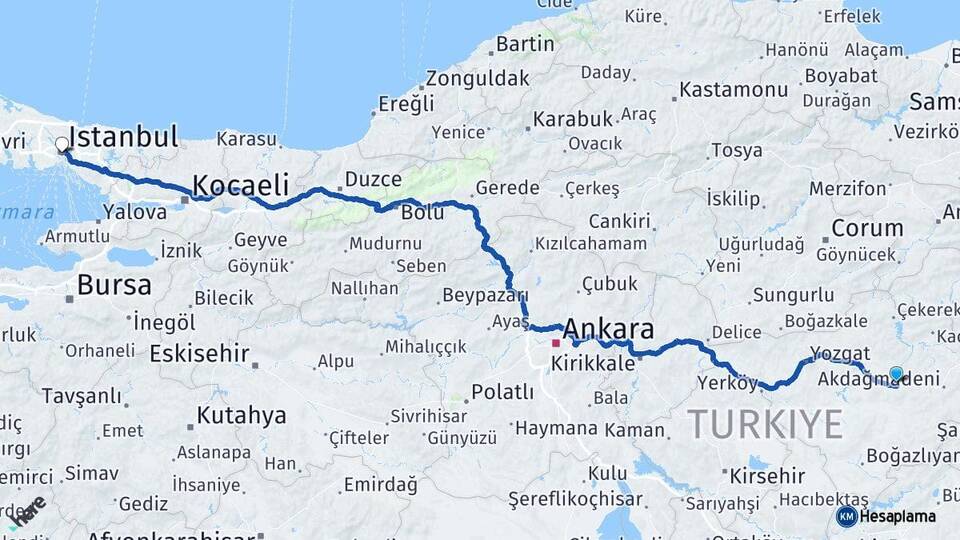 Yozgat Saraykent İstanbul Arası Kaç Km - Yol Haritası