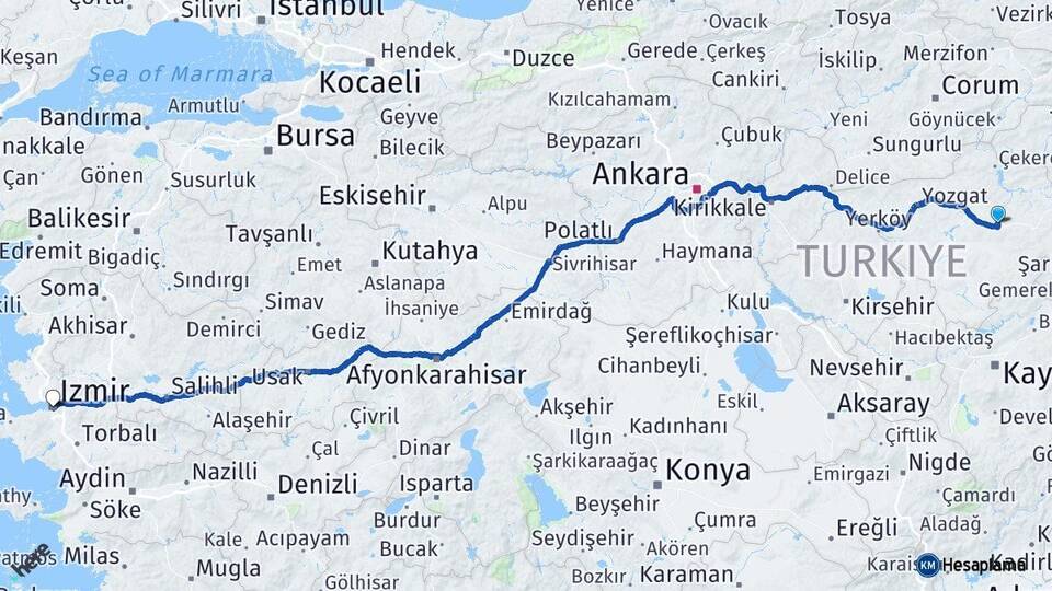 Yozgat Saraykent İzmir Arası Kaç Km - Yol Haritası