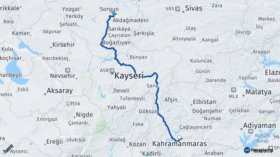 Yozgat Saraykent Kahramanmaraş Arası Kaç Km - Yol Haritası