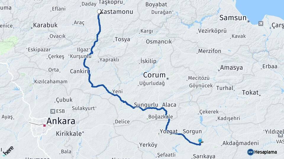 Yozgat Saraykent Kastamonu Arası Kaç Km - Yol Haritası