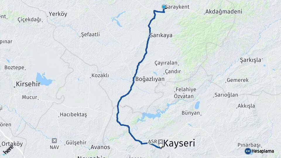 Yozgat Saraykent Kayseri Arası Kaç Km - Yol Haritası