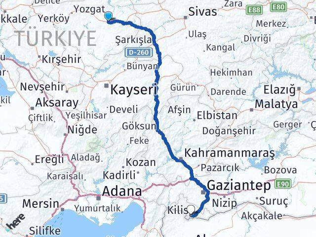Yozgat Saraykent Kilis Arası Kaç Km - Yol Haritası
