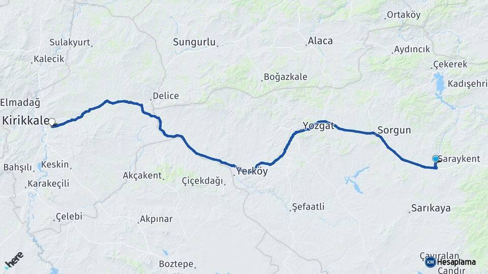 Yozgat Saraykent Kırıkkale Arası Kaç Km - Yol Haritası