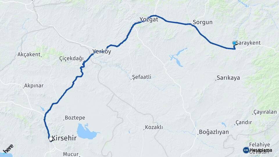 Yozgat Saraykent Kırşehir Arası Kaç Km - Yol Haritası