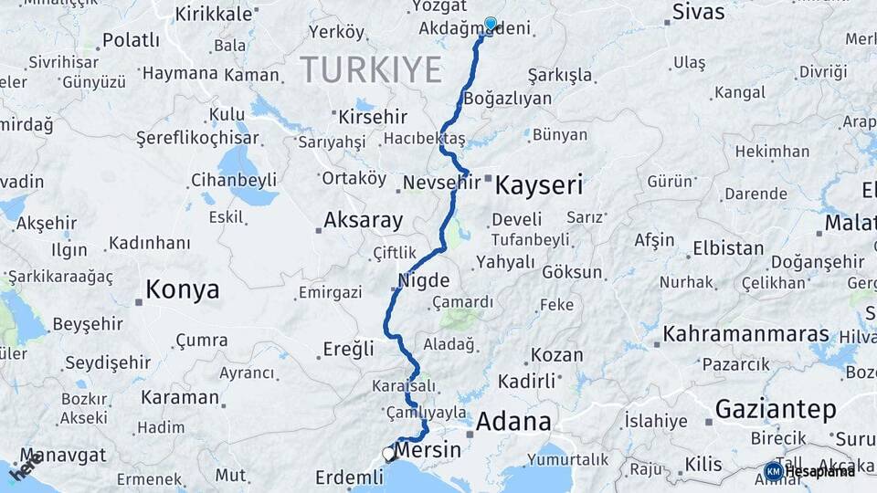 Yozgat Saraykent Mersin Arası Kaç Km - Yol Haritası