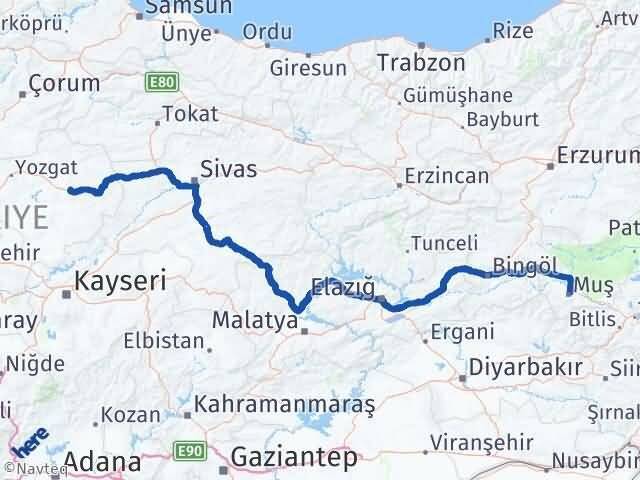 Yozgat Saraykent Muş Arası Kaç Km - Yol Haritası