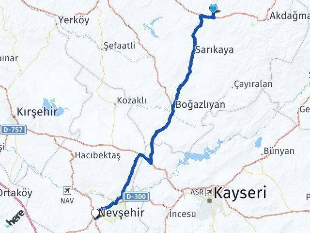 Yozgat Saraykent Nevşehir Arası Kaç Km - Yol Haritası