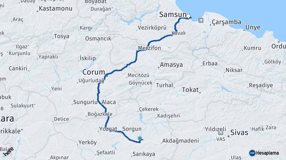 Yozgat Saraykent Samsun Arası Kaç Km - Yol Haritası