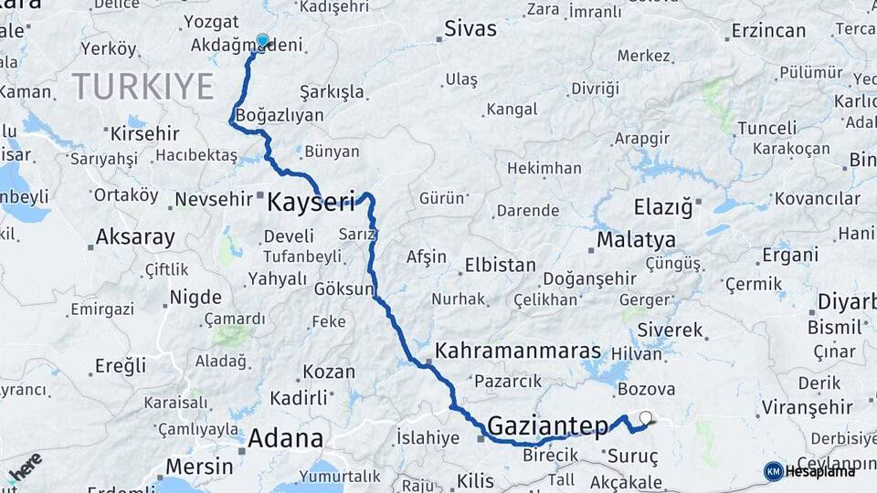 Yozgat Saraykent Şanlıurfa Arası Kaç Km - Yol Haritası