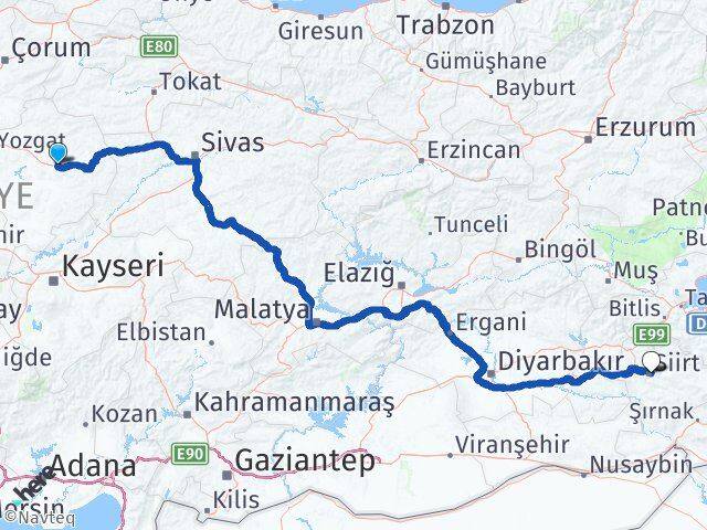 Yozgat Saraykent Siirt Arası Kaç Km - Yol Haritası