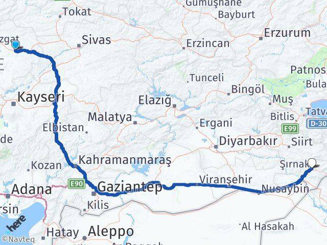 Yozgat Saraykent Şırnak Arası Kaç Km - Yol Haritası