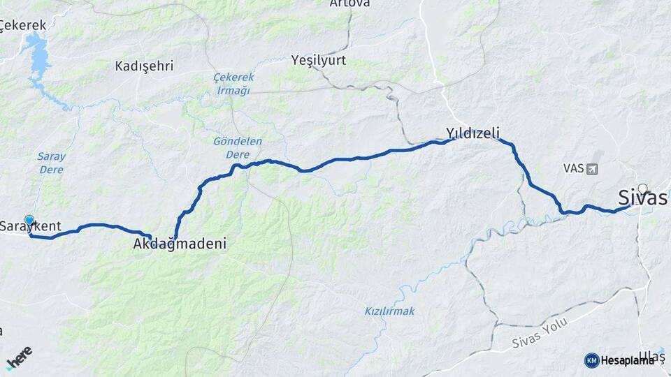 Yozgat Saraykent Sivas Arası Kaç Km - Yol Haritası