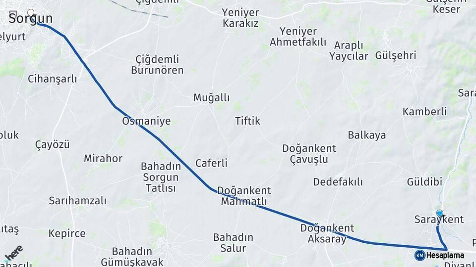 Yozgat Saraykent Sorgun Arası Kaç Km - Yol Haritası